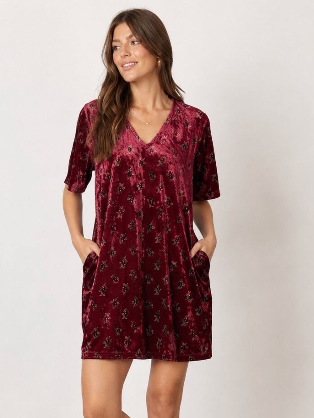 NATURAL LIFE Velvet Velour Red Burgundy Floral Short Sleeve Mini Dress